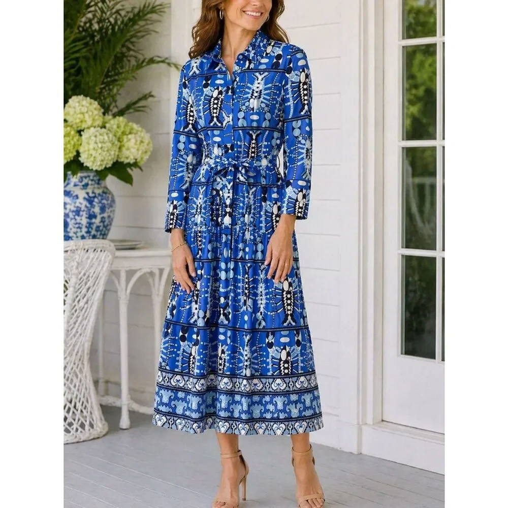 Jude Connally Sutton Stretch Shirt Dress Belted Midi Cotton Stretch Size L NWT - Picture 1 of 9